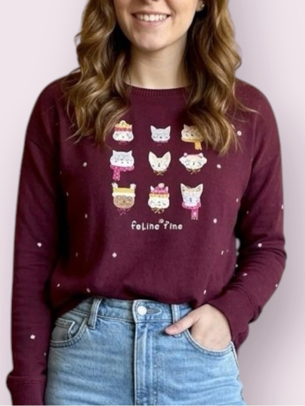 Lauren Conrad Feline Fine Lightweight Fleece Cat Snowflake Sweater Maroon Small